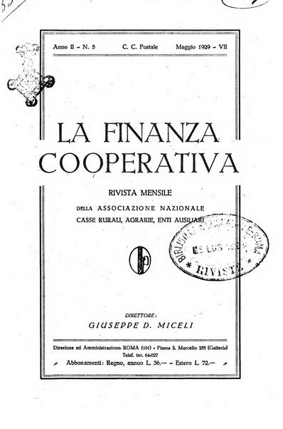 La finanza cooperativa rassegna mensile [della] Associazione nazionale fra Casse rurali, agrarie ed enti ausiliarii