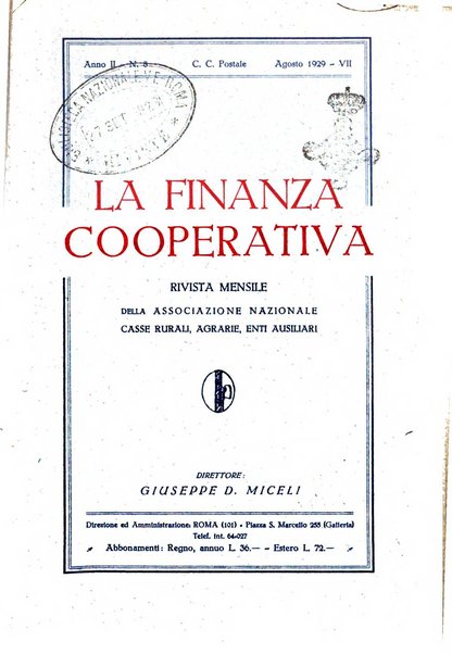 La finanza cooperativa rassegna mensile [della] Associazione nazionale fra Casse rurali, agrarie ed enti ausiliarii