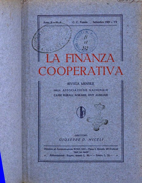 La finanza cooperativa rassegna mensile [della] Associazione nazionale fra Casse rurali, agrarie ed enti ausiliarii