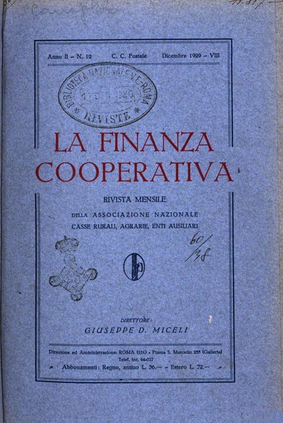 La finanza cooperativa rassegna mensile [della] Associazione nazionale fra Casse rurali, agrarie ed enti ausiliarii