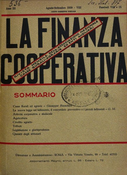 La finanza cooperativa rassegna mensile [della] Associazione nazionale fra Casse rurali, agrarie ed enti ausiliarii