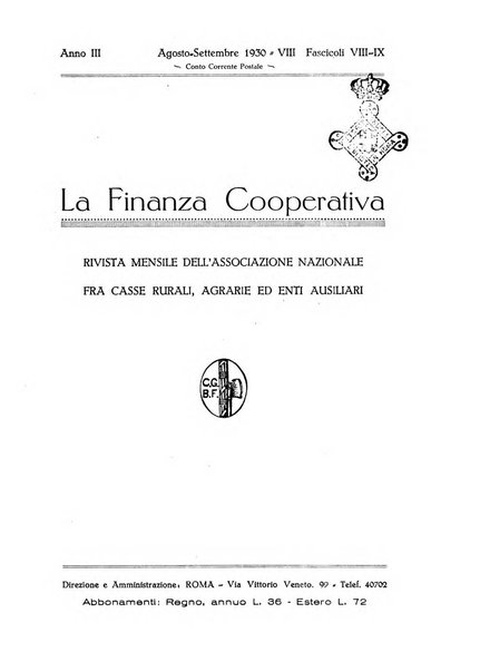 La finanza cooperativa rassegna mensile [della] Associazione nazionale fra Casse rurali, agrarie ed enti ausiliarii