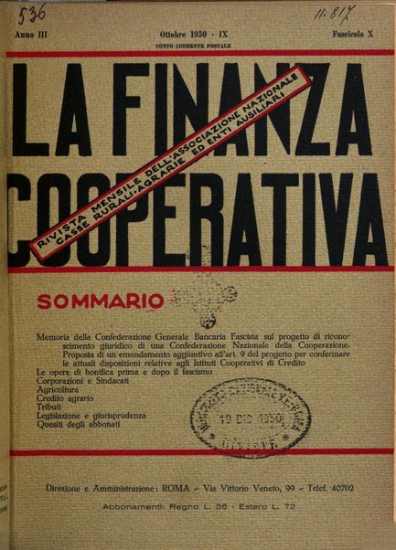 La finanza cooperativa rassegna mensile [della] Associazione nazionale fra Casse rurali, agrarie ed enti ausiliarii