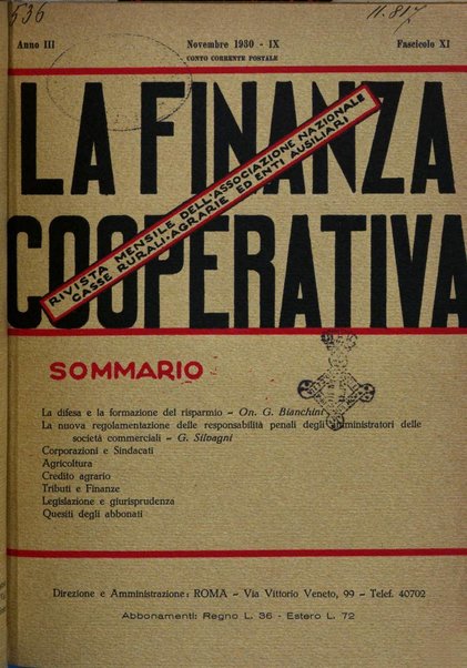 La finanza cooperativa rassegna mensile [della] Associazione nazionale fra Casse rurali, agrarie ed enti ausiliarii