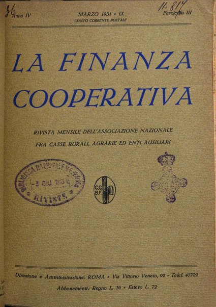 La finanza cooperativa rassegna mensile [della] Associazione nazionale fra Casse rurali, agrarie ed enti ausiliarii