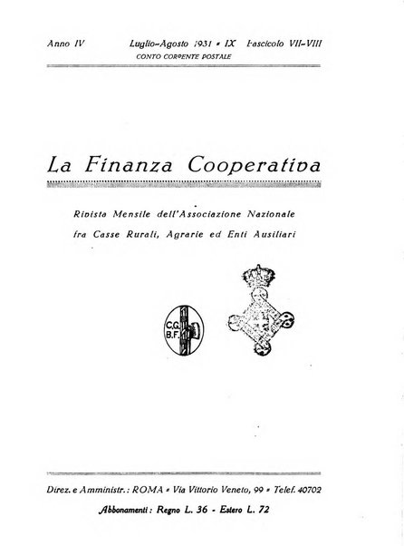 La finanza cooperativa rassegna mensile [della] Associazione nazionale fra Casse rurali, agrarie ed enti ausiliarii