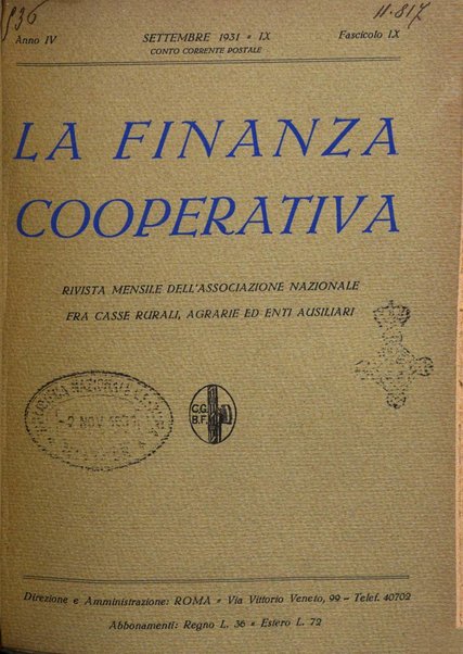 La finanza cooperativa rassegna mensile [della] Associazione nazionale fra Casse rurali, agrarie ed enti ausiliarii