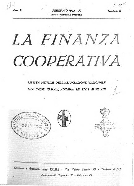 La finanza cooperativa rassegna mensile [della] Associazione nazionale fra Casse rurali, agrarie ed enti ausiliarii