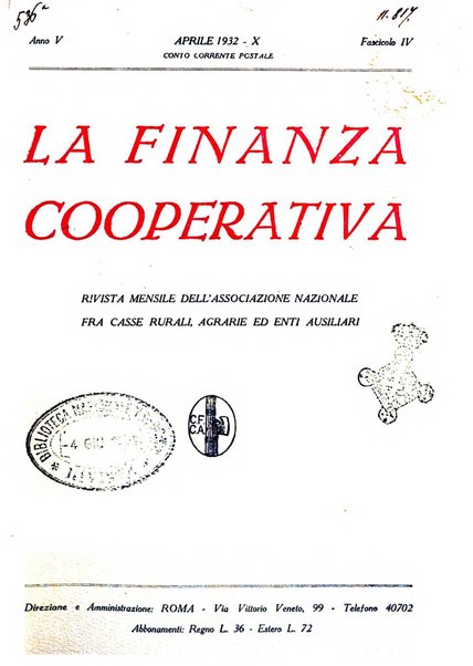 La finanza cooperativa rassegna mensile [della] Associazione nazionale fra Casse rurali, agrarie ed enti ausiliarii