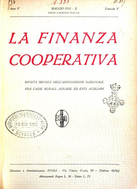 La finanza cooperativa rassegna mensile [della] Associazione nazionale fra Casse rurali, agrarie ed enti ausiliarii