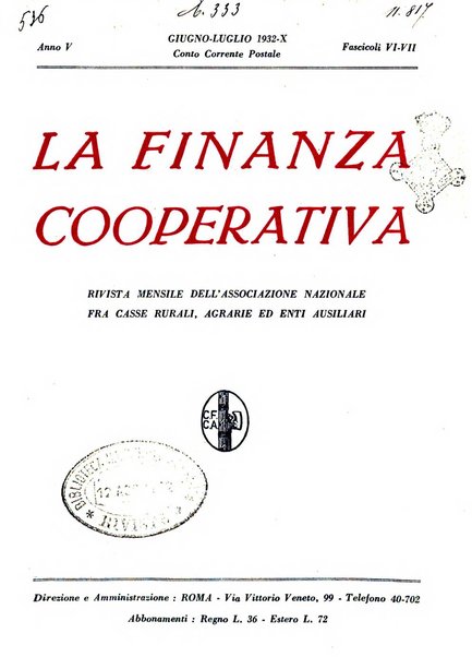 La finanza cooperativa rassegna mensile [della] Associazione nazionale fra Casse rurali, agrarie ed enti ausiliarii