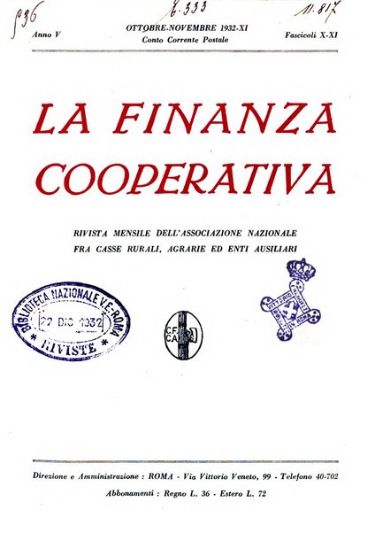 La finanza cooperativa rassegna mensile [della] Associazione nazionale fra Casse rurali, agrarie ed enti ausiliarii