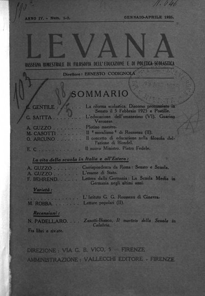 Levana rassegna trimestrale di filosofia dell'educazione e di politica scolastica