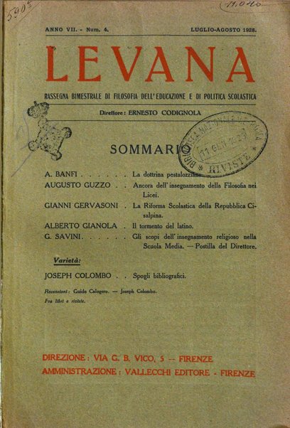 Levana rassegna trimestrale di filosofia dell'educazione e di politica scolastica