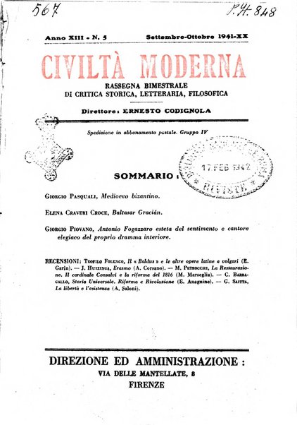 Civiltà moderna rassegna bimestrale di critica storica, letteraria, filosofica