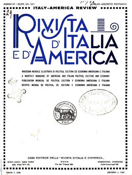 Rivista d'Italia e d'America rassegna mensile illustrata per la valorizzazione degli italiani all'estero ...