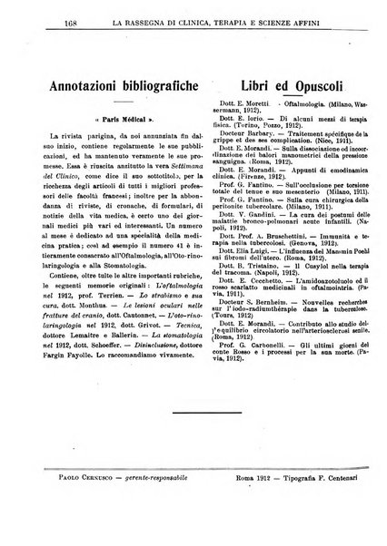 La rassegna di clinica, terapia e scienze affini