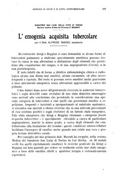 Tubercolosi giornale di studi e di lotta antitubercolare