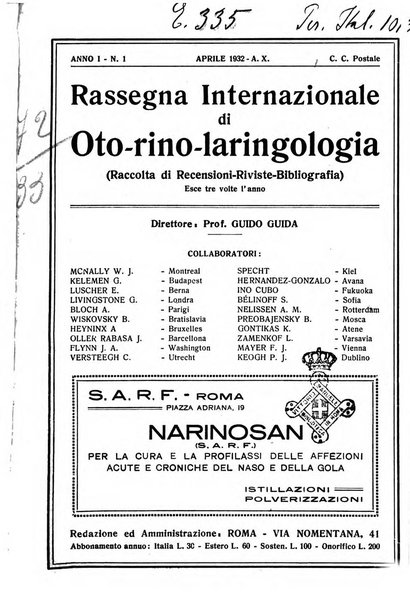 Rassegna internazionale di oto-rino-laringologia raccolta di recensioni, riviste, bibliografia