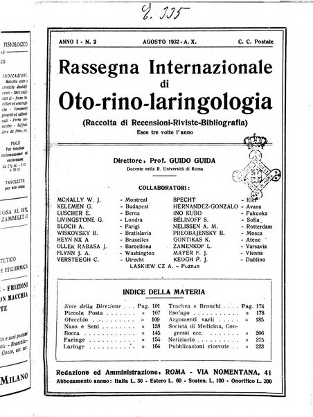 Rassegna internazionale di oto-rino-laringologia raccolta di recensioni, riviste, bibliografia