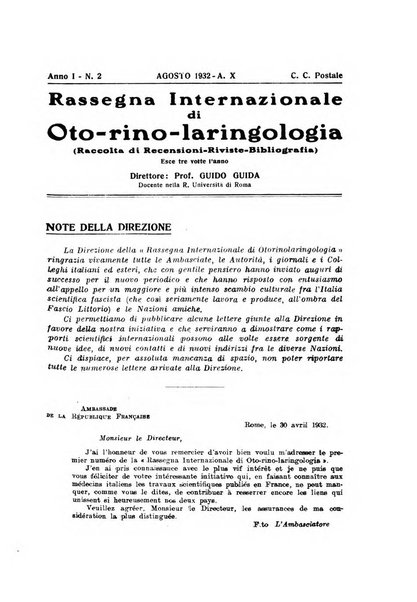 Rassegna internazionale di oto-rino-laringologia raccolta di recensioni, riviste, bibliografia