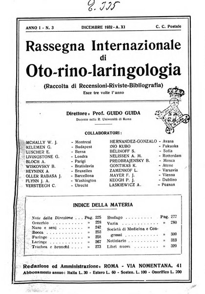 Rassegna internazionale di oto-rino-laringologia raccolta di recensioni, riviste, bibliografia