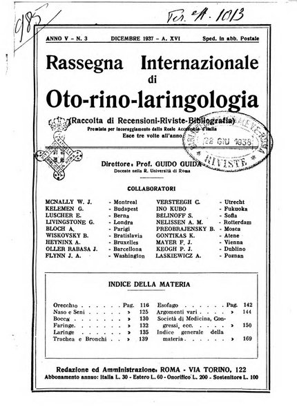 Rassegna internazionale di oto-rino-laringologia raccolta di recensioni, riviste, bibliografia