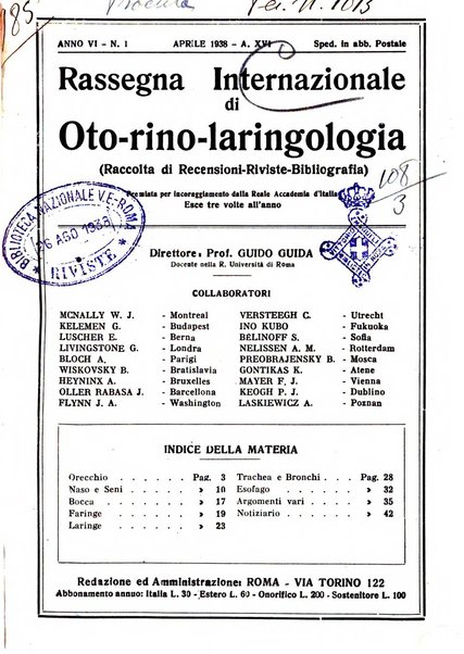 Rassegna internazionale di oto-rino-laringologia raccolta di recensioni, riviste, bibliografia