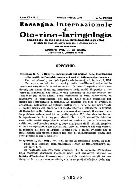 Rassegna internazionale di oto-rino-laringologia raccolta di recensioni, riviste, bibliografia