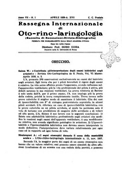 Rassegna internazionale di oto-rino-laringologia raccolta di recensioni, riviste, bibliografia