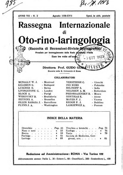 Rassegna internazionale di oto-rino-laringologia raccolta di recensioni, riviste, bibliografia