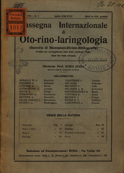 Rassegna internazionale di oto-rino-laringologia raccolta di recensioni, riviste, bibliografia