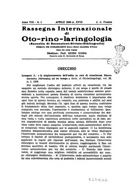 Rassegna internazionale di oto-rino-laringologia raccolta di recensioni, riviste, bibliografia