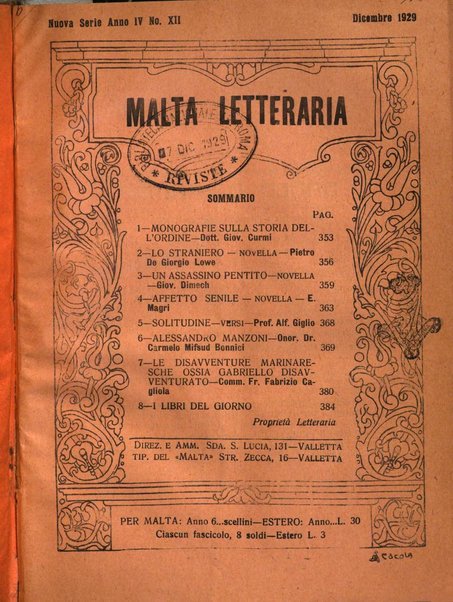 Malta letteraria rassegna mensile di lettere, scienze ed arti