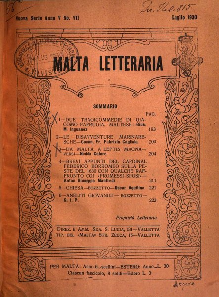 Malta letteraria rassegna mensile di lettere, scienze ed arti