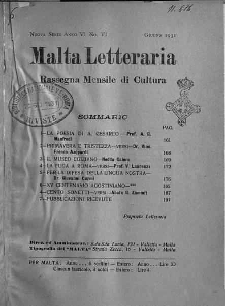 Malta letteraria rassegna mensile di lettere, scienze ed arti