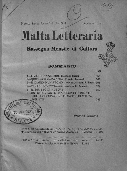 Malta letteraria rassegna mensile di lettere, scienze ed arti