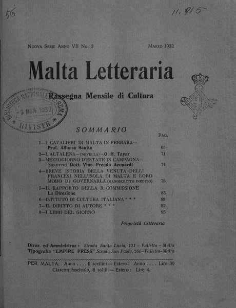 Malta letteraria rassegna mensile di lettere, scienze ed arti