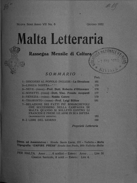 Malta letteraria rassegna mensile di lettere, scienze ed arti