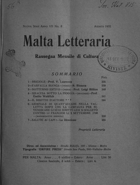 Malta letteraria rassegna mensile di lettere, scienze ed arti