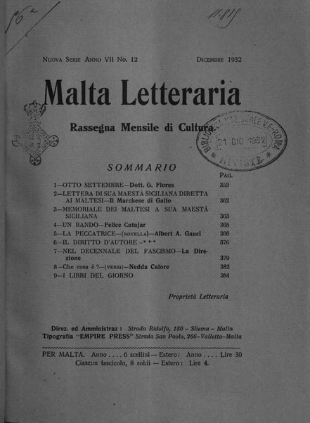 Malta letteraria rassegna mensile di lettere, scienze ed arti