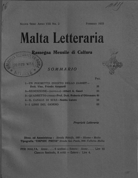 Malta letteraria rassegna mensile di lettere, scienze ed arti