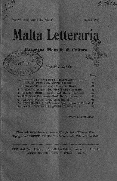 Malta letteraria rassegna mensile di lettere, scienze ed arti