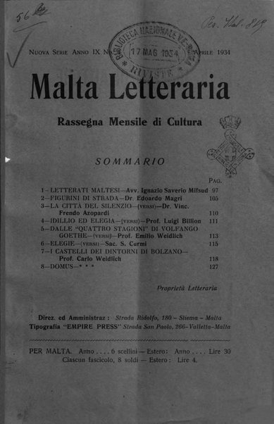 Malta letteraria rassegna mensile di lettere, scienze ed arti