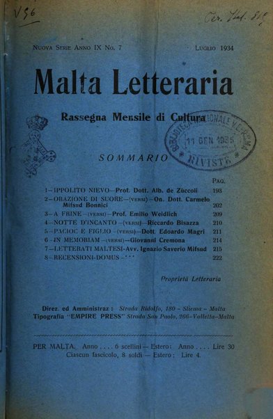 Malta letteraria rassegna mensile di lettere, scienze ed arti