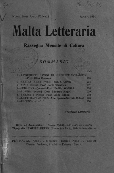 Malta letteraria rassegna mensile di lettere, scienze ed arti