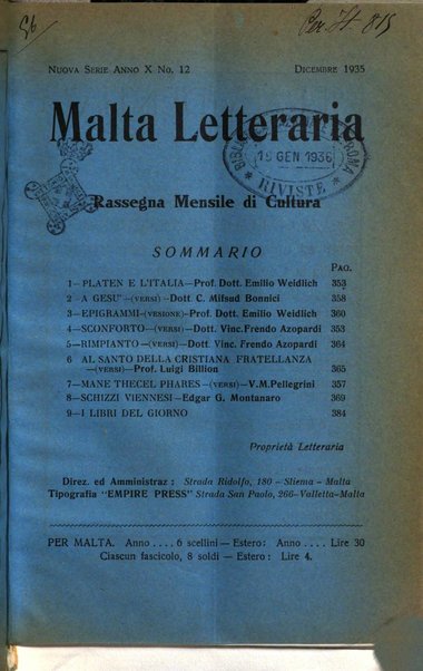 Malta letteraria rassegna mensile di lettere, scienze ed arti