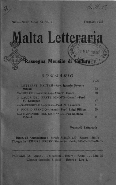 Malta letteraria rassegna mensile di lettere, scienze ed arti