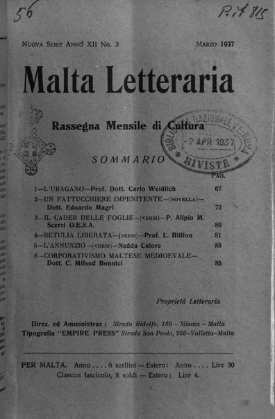 Malta letteraria rassegna mensile di lettere, scienze ed arti