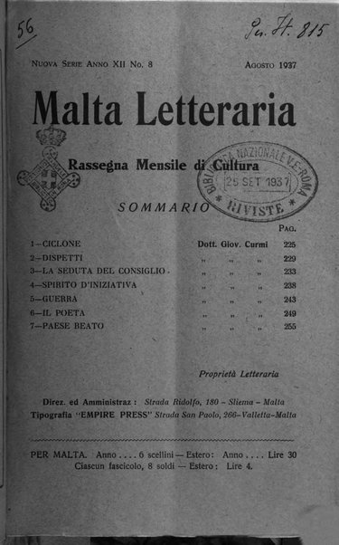 Malta letteraria rassegna mensile di lettere, scienze ed arti